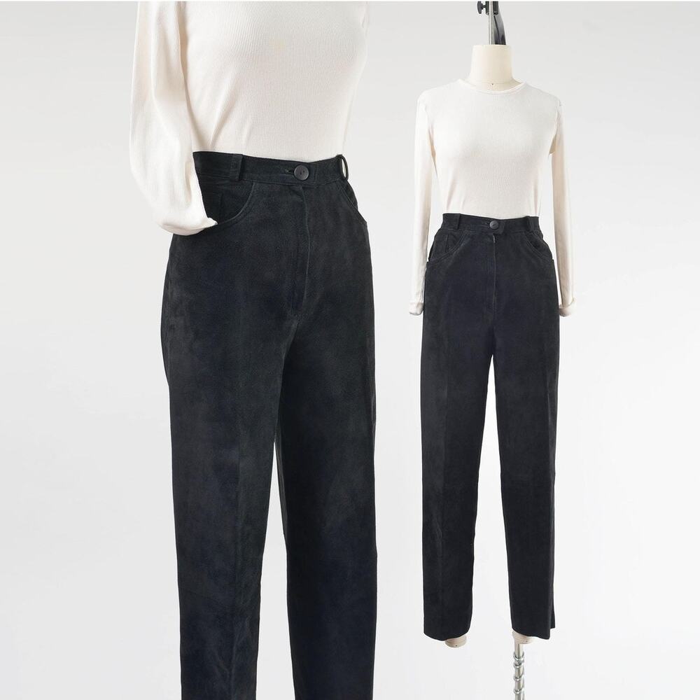 Vintage 80s Black Suede Leather Tapered Leg Pants size M 28